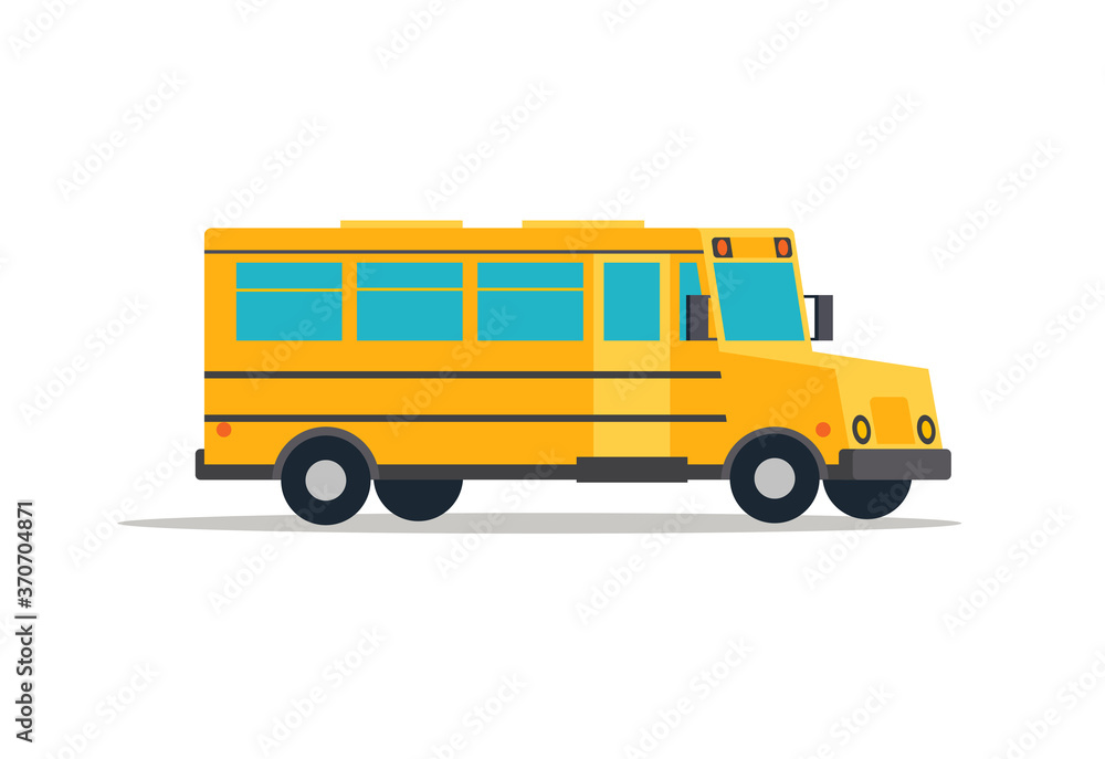 Yellow school bus on a white isolated background. Car side view. Modern transport vector flat illustration.
