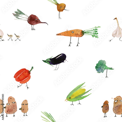 Seamless pattern illustration with funny vegetable birds isolated on white background © shat88