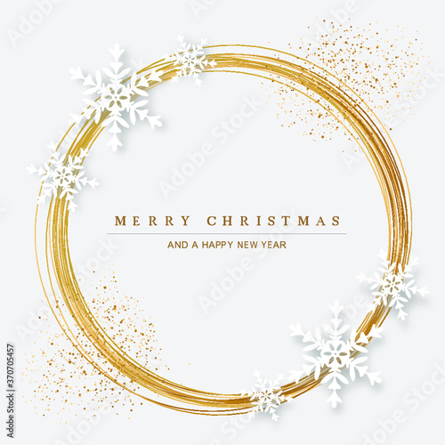 goldene Weihnachtskarte mit Kreis und Schneeflocken