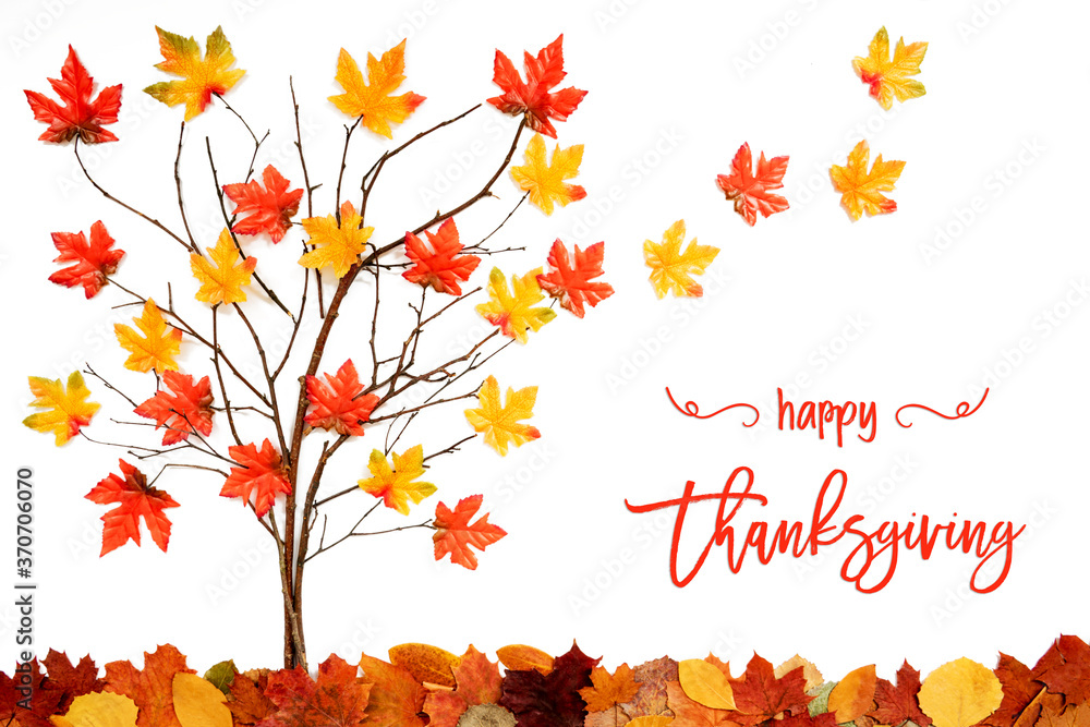 Branches Building Tree With Bright Colorful Leaf Decoration. Red And Yellow Leaves Flying Away Due To Wind. English Text Happy Thanksgiving. White Background