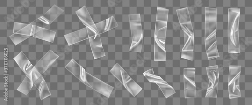 Transparent adhesive plastic tape pieces and cross for fixing isolated on transparent background. Crumpled glue plastic sticky tape for photo and paper fixture. 3d realistic wrinkled strips vector