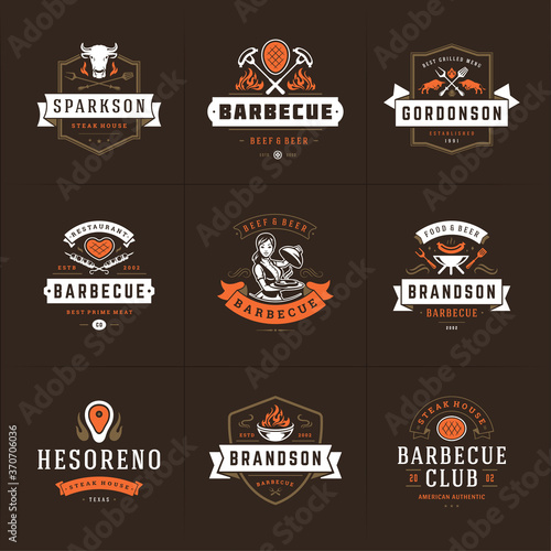 Grill and barbecue logos set vector illustration steak house or restaurant menu badges with bbq food silhouettes