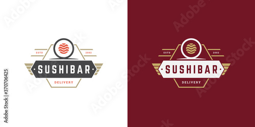 Sushi logo and badge japanese food restaurant with sushi salmon roll asian kitchen silhouette vector illustration