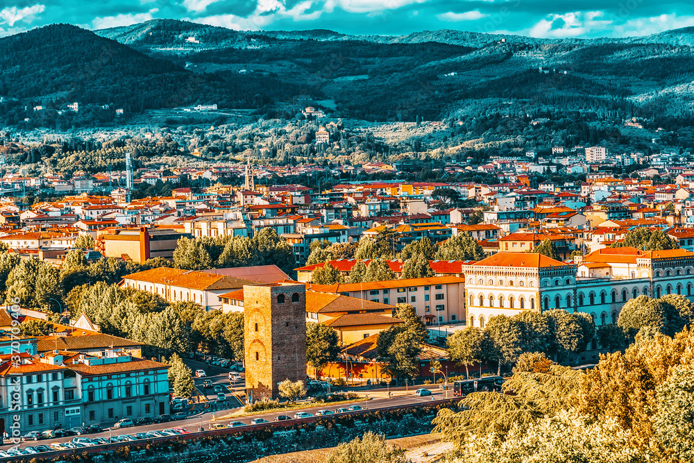 Obraz premium Beautiful landscape above, panorama on historical view of the Florence from Piazzale Michelangelo point. Italy.