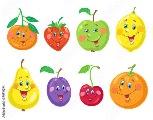 Set of funny fruits. Green apple, yellow pear, orange, strawberry, lemon, tangerine, blue plum, and red cherry. In cartoon style. Isolated on white background. Vector flat illustration.