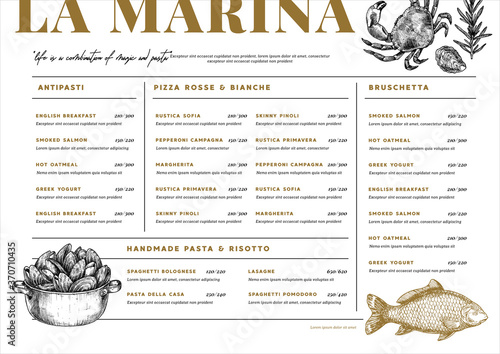 Seafood restaurant menu template. Cafe identity. Minimalist style. Engraved illustrations.Crab, fish, shellfish. Vector illustration