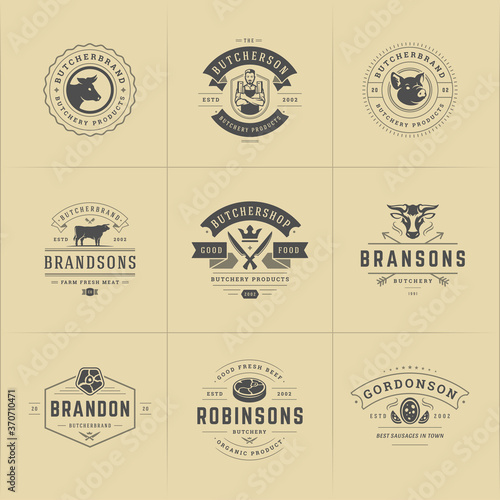 Butcher shop logos set vector illustration good for farm or restaurant badges with animals and meat silhouettes