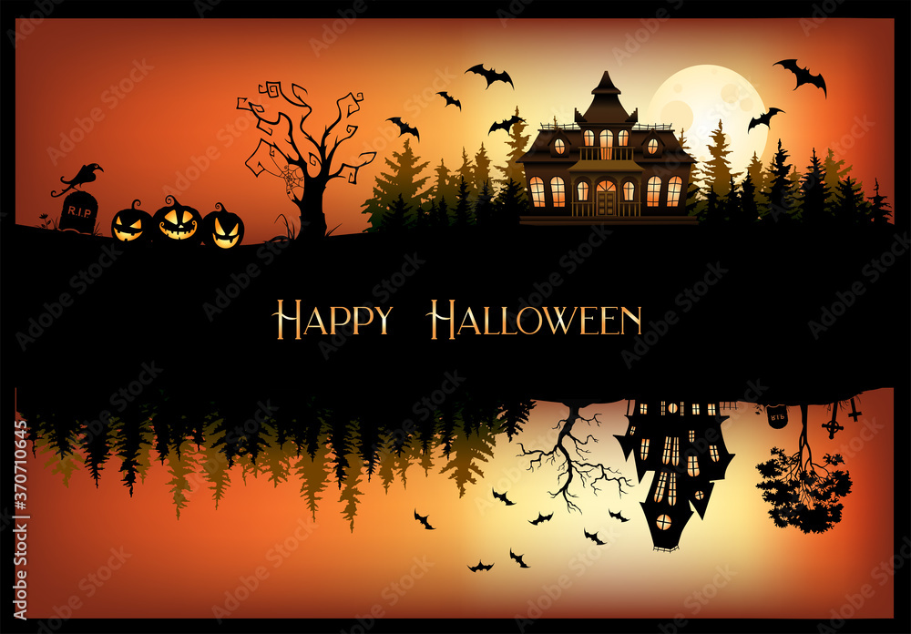 Halloween Party invitation representing a silhouette landscape with haunted houses, jack o' lantern and bats