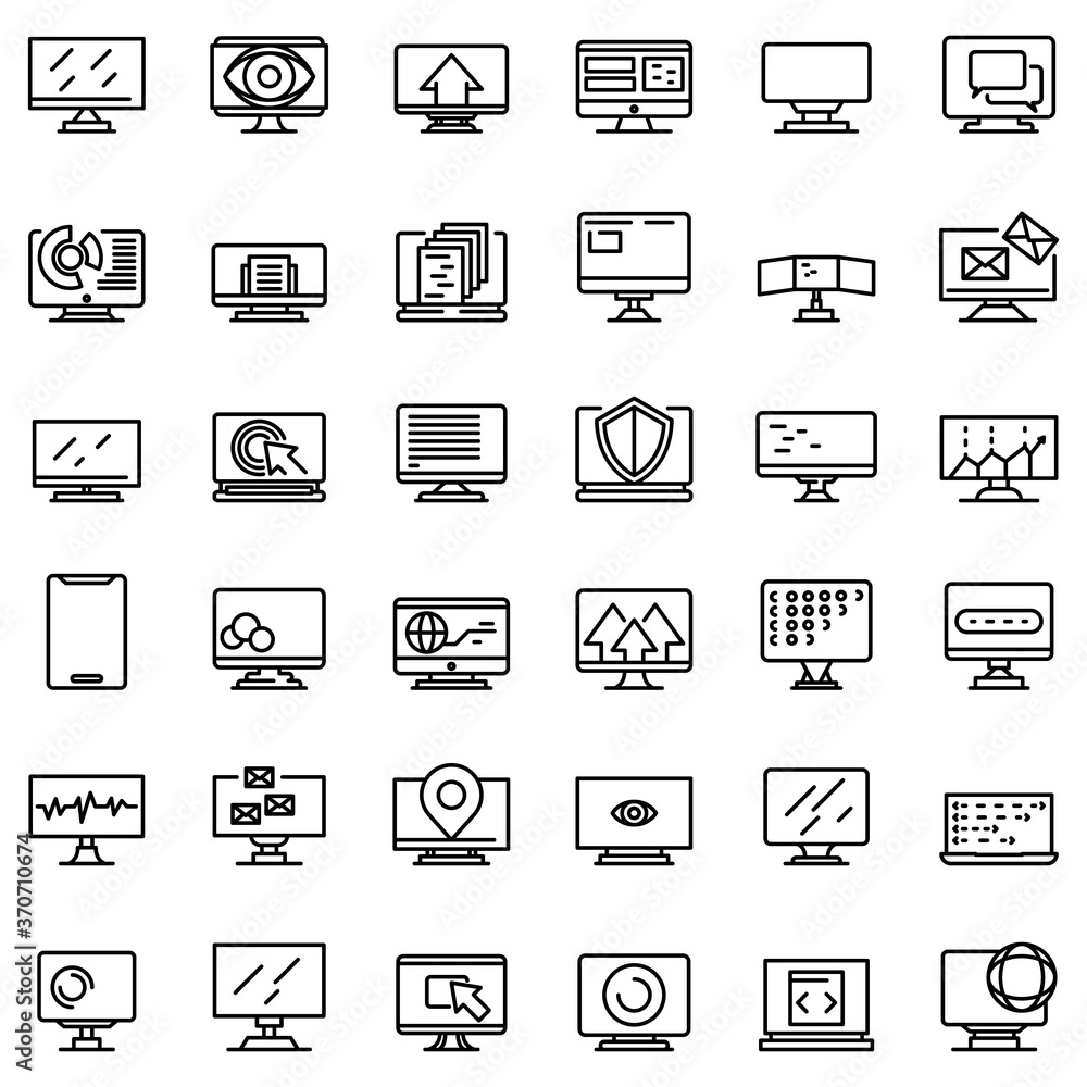 Monitor icons set. Outline set of monitor vector icons for web design isolated on white background