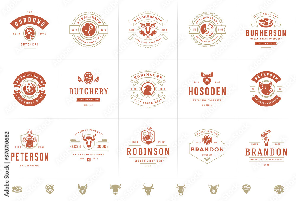 Butcher shop logos set vector illustration good for farm or restaurant badges with animals and meat silhouettes