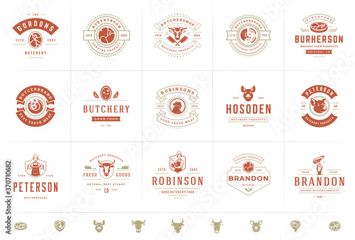 Butcher shop logos set vector illustration good for farm or restaurant badges with animals and meat silhouettes