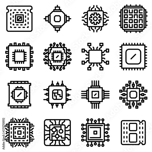 Processor icons set. Outline set of processor vector icons for web design isolated on white background