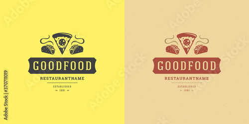 Pizzeria logo vector illustration pizza slice with tacos silhouette good for restaurant menu and cafe badge