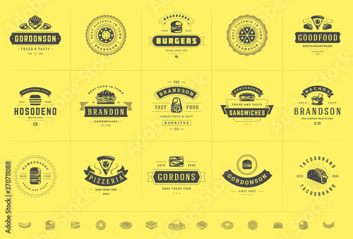 Fast food logos set vector illustration good for pizzeria or burger shop and restaurant menu badges with food silhouette