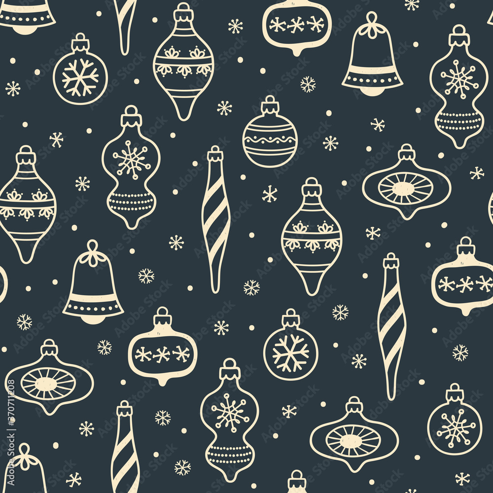 Seamless pattern with various Christmas decorations doodles in navy blue and golden