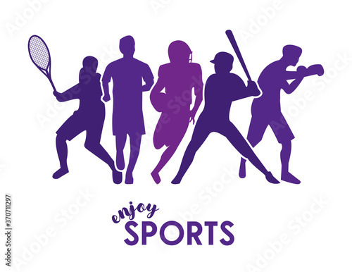 sports time poster with purple athletes silhouettes