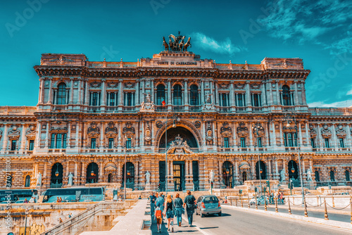 ROME  ITALY - MAY 08  2017   Palace of Justice  Corte Suprema di Cassazione  near Tiber river and Bridge  Ponte  Umberto I. Rome. Italy.