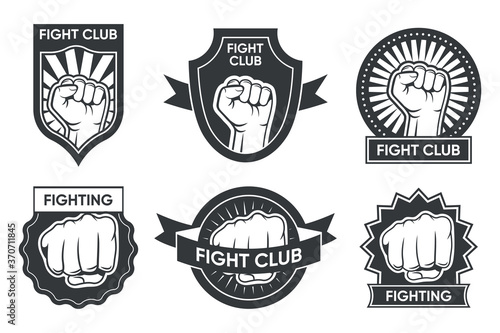 Fight club logo set. Vintage monochrome emblems with arm and clenched fist, medal and ribbon. Vector illustration collection for boxing or kickboxing, martial arts club labels