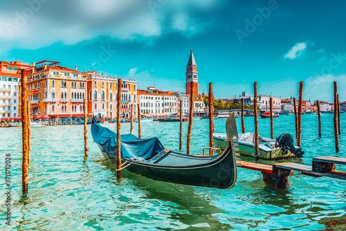 VENICE, ITALY - MAY 12, 2017 : Views of the most beautiful canal of Venice - Grand Canal water streets, boats, gondolas, mansions along. Italy.