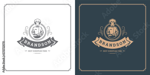 Restaurant label design vector illustration chef man holding salad silhouette good for restaurant menu and cafe badge