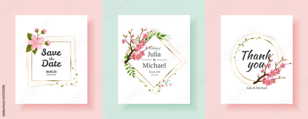 Fototapeta premium Set of sakura flowers backgrounds. Floral wedding invitation cards template design. Holiday invitation, greeting cards and fashion design