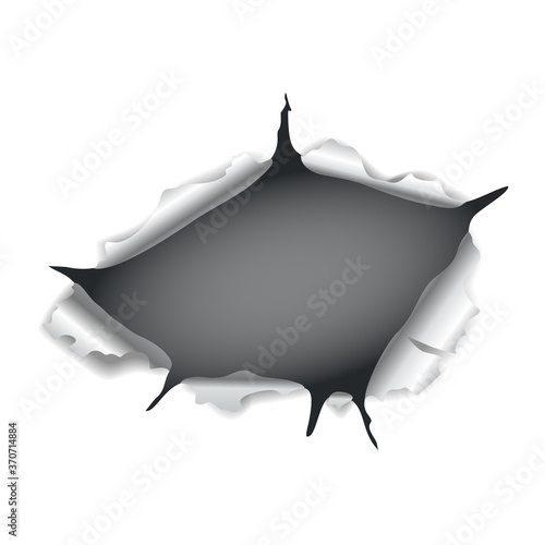 Paper hole. Realistic vector torn paper with ripped edges. Torn hole in the sheet of paper on a dark background. Vector illustration