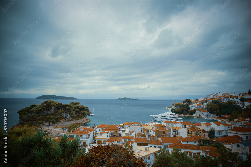 Skiathos Town Greece. Cloudy day panoramic view of the port.