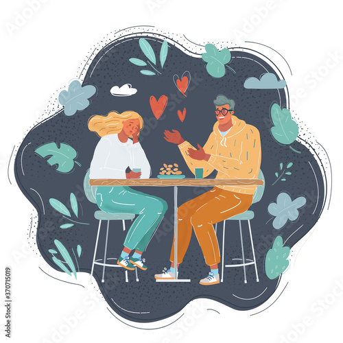 Vector illustration of Young woman has unhappy and bored face expression on a bad date with falling in love with her man. Concept on dark backround.