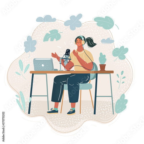 Vector illustration of woman recording content for her lifestyle blog vlog, modern businesswoman using social media for marketing. Making podcast, concept, live air broadcast