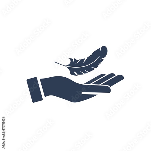 Hand and feather. Vector icon isolated on white background.