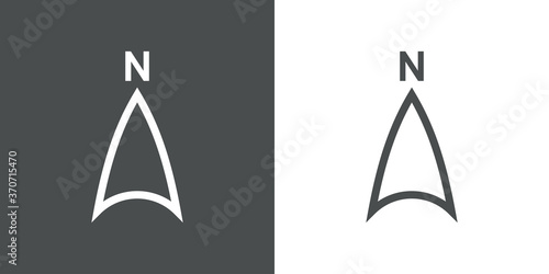 Símbolo del norte. Logotipo flecha de brújula lineal con letra N en fondo gris y fondo blanco