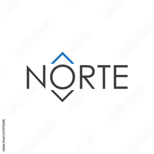 Símbolo del norte. Logotipo con palabra Norte con flecha en la o en azul y negro
