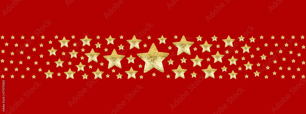 Golden stars border on red background isolated, frame made of shiny gold stars, starry seamless pattern, Christmas greeting card ornament, holidays backdrop, festive invitation design, copy space