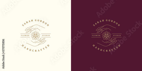 Vector line logo emblem design template - female gesture hands and flower illustrations simple minimal linear style