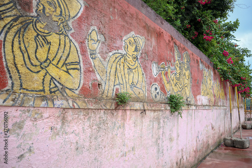 Ujjain, India - August 8th 2020: Old wall art paintings for maha kumbh mela at Ram Ghat Ujjain