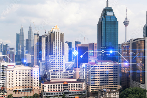 Canvas Print Technology hologram over panorama city view of Kuala Lumpur