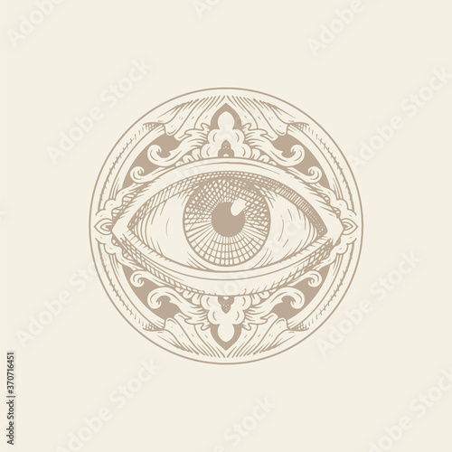 Eye of Providence with ornament. Engraving, hand drawn or tattoo style. Masonic symbol. All seeing eyes. The new world order. Sacred geometry, religion, spirituality, occultism. Isolated vector.