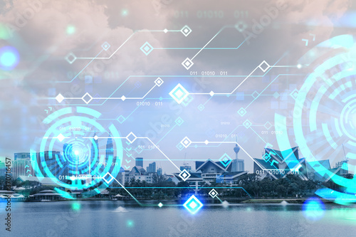 Canvas Print Technology hologram over panorama city view of Kuala Lumpur