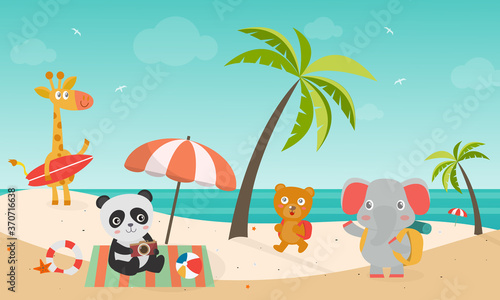 Summer cute animal  A panda sitting at the sea holding a camera  a giraffe holding a surfboard Bears and elephants carrying bags walking on the beach  Animal happy summer vacation Vector illustrator.