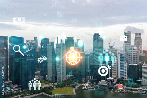 Research and development hologram over panorama city view of Singapore, hub of new technologies to optimize business in Asia. Concept of exceeding opportunities. Double exposure.