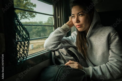 Photography Young female passenger travel by passenger Train