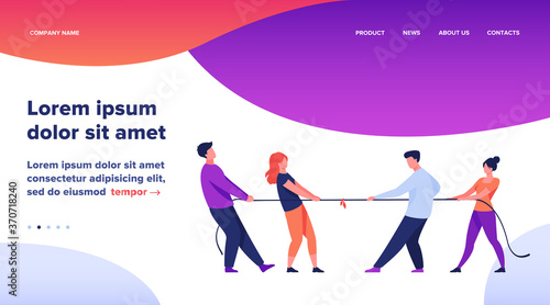 People pulling opposite ends of rope flat vector illustration. Tug of war contest between office workers. Competition challenge and confrontation concept