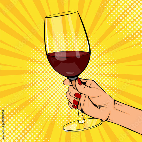 Pop art old vintage poster female hands hold red wine glass. Woman hand with beverage. Retro design sound speech bubble. Holiday party wow event. Festive vector radial halftone background.