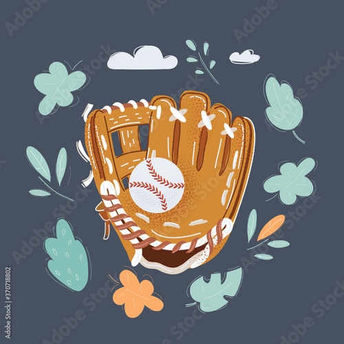 Cartoon illustration of baseball glove and ball on dark background.