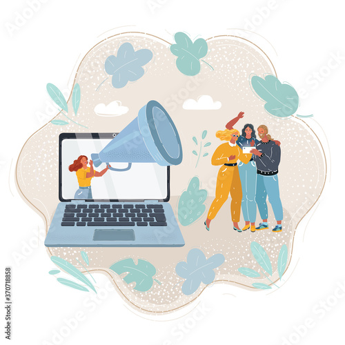 Cartoon illustration of woman come out from screen of laptop holding large loudspeaker to attract followers for blog. Social media marketing strategy getting more people. Involvement of audience