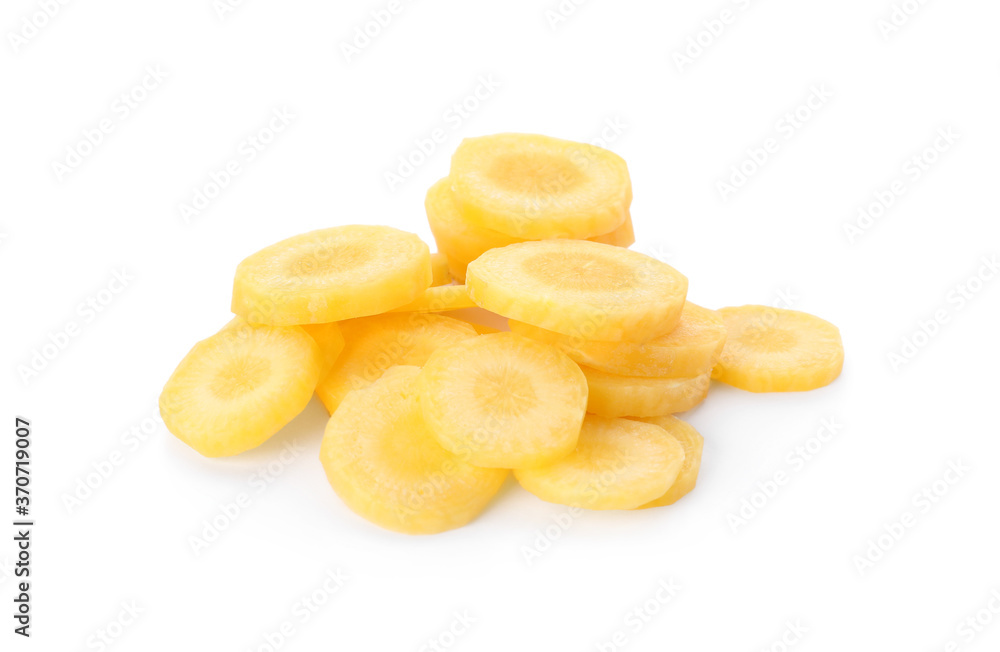 Slices of raw yellow carrot isolated on white Slices of raw yellow carrot isolated on white