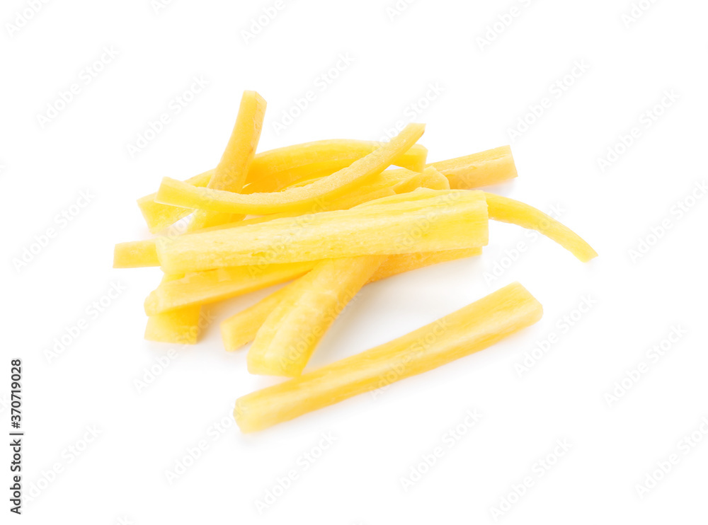 Raw yellow carrot sticks isolated on white