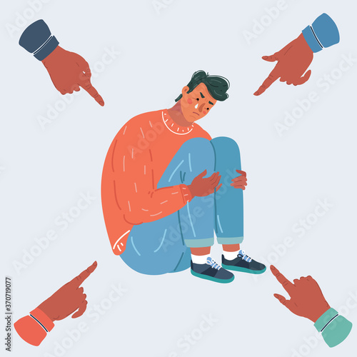 Cartoon illustration of Guilty man looking down. Condemnation of society. People point to cry man with they fingers. Character on white background.