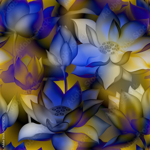 Lotus buds and flowers seamless wallpaper., Water lilly nelumbo aquatic plant illustration.