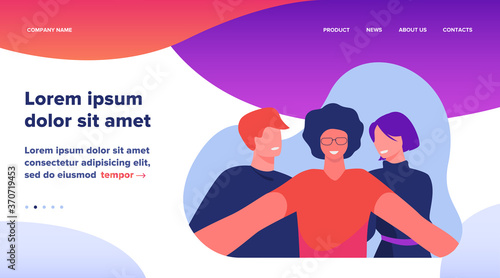 Happy diverse young people taking group selfie on mobile phone camera, standing together and smiling. Flat vector illustration for friendship, photo, self portrait concept